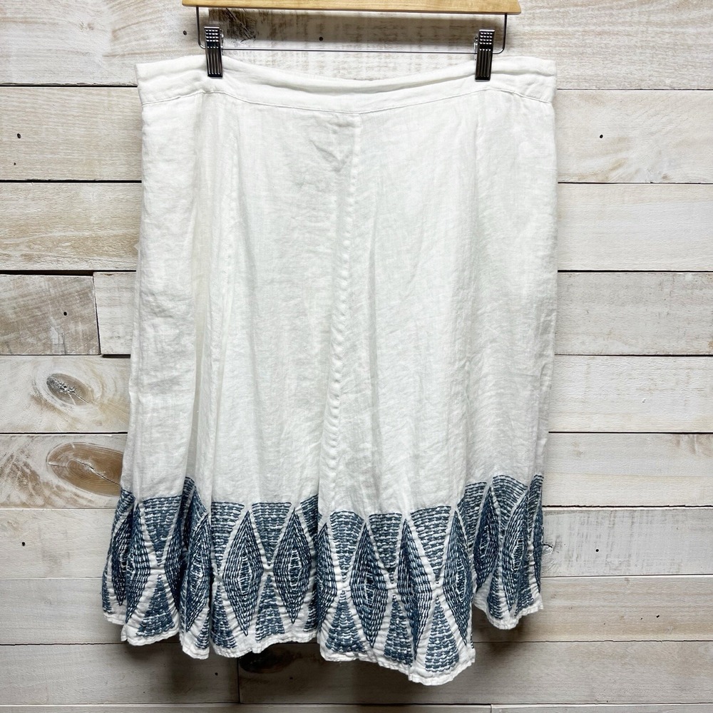 Lands End Linen Skirt Womens Large 14/16 White Blue Embroidered Hem Lined Beach